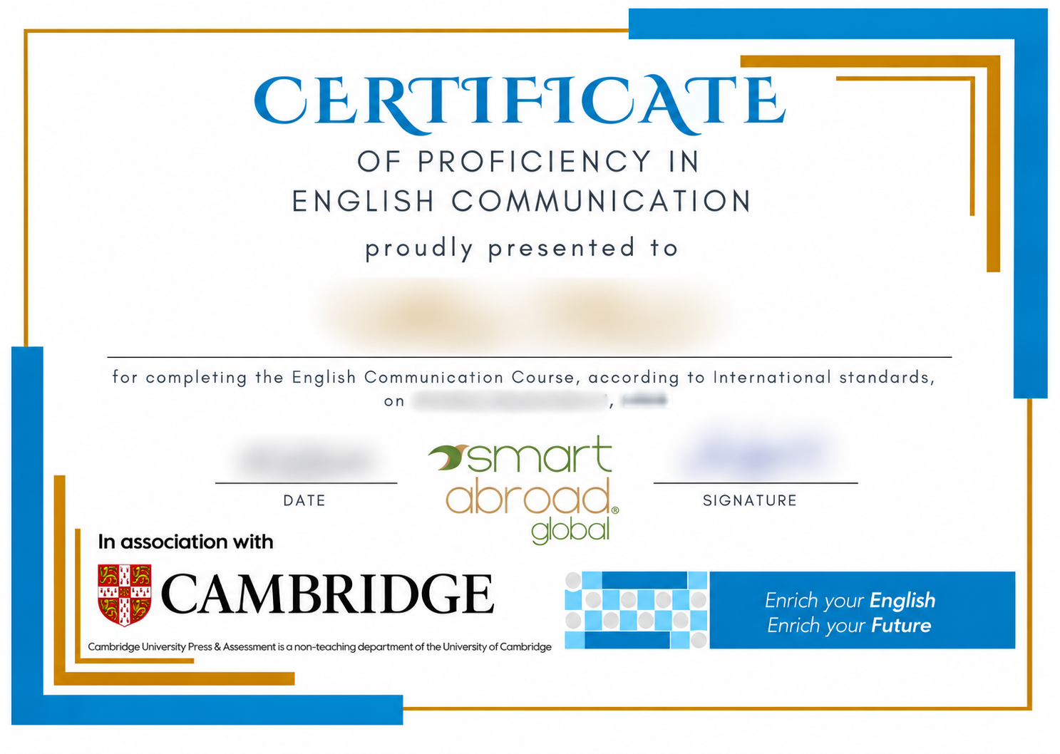Sample Certificate of Proficiency in English Communication displaying Smart Abroad Global and Cambridge logos